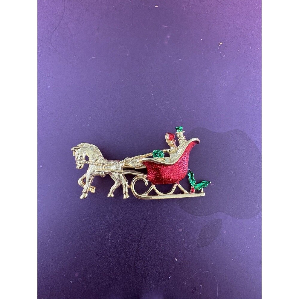 Vintage Pin Brooch Christmas Sleigh Horse XmasHoliday By New View